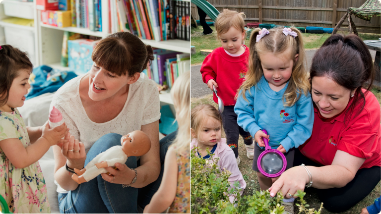 hildminder vs nursery shown by a split screen on the left showing children socialiasing in small groups at a child minders and on the right multipkle children exploirnng the garden at Poppies Daycare Nursery