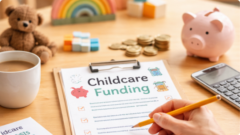 Childcare funding checklist surounded by coins, teddys a cup of coffee a calculator and a piggy bank