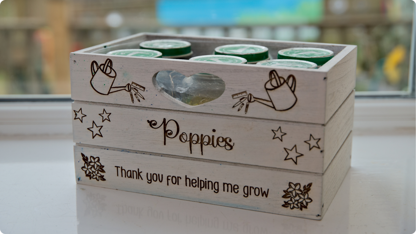 Environmental Factors That Affect Child Development: shown by a plant box that says "Poppies, thank you for helping us grow"
